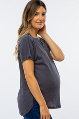 Dark Grey Ribbed Raw Seam Snap Button Maternity Top