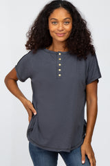 Dark Grey Ribbed Raw Seam Snap Button Maternity Top