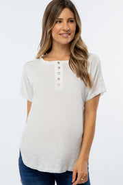 White Ribbed Raw Seam Snap Button Maternity Top