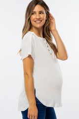 White Ribbed Raw Seam Snap Button Maternity Top