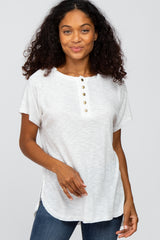 White Ribbed Raw Seam Snap Button Maternity Top