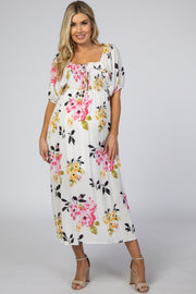 Ivory Floral Square Ruffle Neck Smocked Maternity Midi Dress