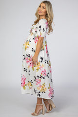 Ivory Floral Square Ruffle Neck Smocked Maternity Midi Dress