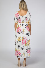 Ivory Floral Square Ruffle Neck Smocked Maternity Midi Dress