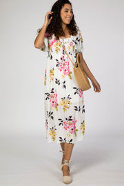 Ivory Floral Square Ruffle Neck Smocked Midi Dress