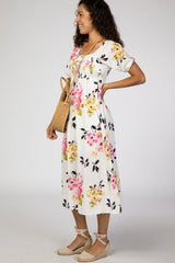 Ivory Floral Square Ruffle Neck Smocked Midi Dress