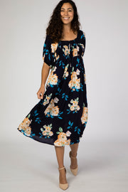 Navy Floral Square Ruffle Neck Smocked Midi Dress