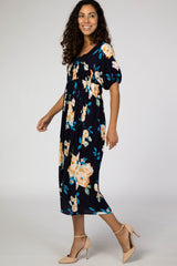 Navy Floral Square Ruffle Neck Smocked Midi Dress