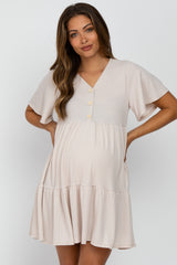 Cream Button Front Tiered Maternity Dress