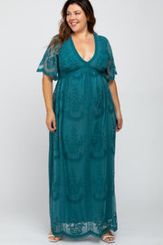 Teal Lace Mesh Overlay Plus Maxi Dress