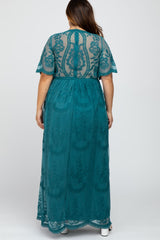 Teal Lace Mesh Overlay Plus Maxi Dress