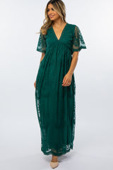 Forest Green Lace Mesh Overlay Maxi Dress