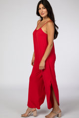 Red Sleeveless Side Slit Jumpsuit