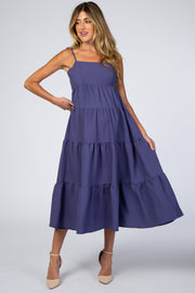 Purple Straight Neck Pleated Tier Back Tie Maternity Midi Dress