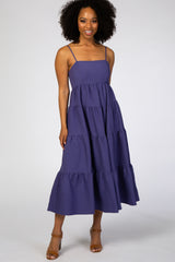 Purple Straight Neck Pleated Tier Back Tie Midi Dress