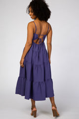 Purple Straight Neck Pleated Tier Back Tie Midi Dress