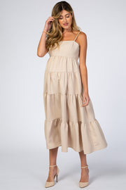 Beige Straight Neck Pleated Tier Back Tie Maternity Midi Dress