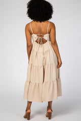 Beige Straight Neck Pleated Tier Back Tie Midi Dress