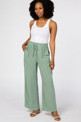 Green Linen Drawstring Maternity Pants