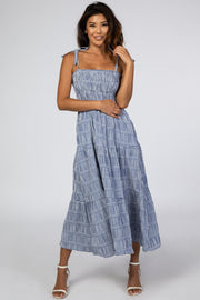 Navy Checkered Tiered Midi Dress