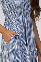 Navy Checkered Tiered Midi Dress