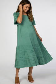 Green Tiered Pintuck Maternity Midi Dress