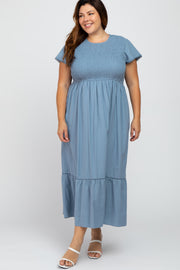 Blue Smocked Maternity Plus Maxi Dress