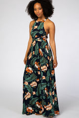 Navy Blue Palm Print Cross Back Maxi Dress