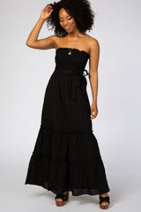 Black Strapless Smocked Front Eyelet Maternity Maxi Dress