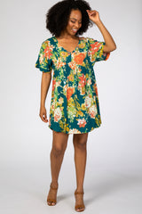 Teal Floral Short Sleeve Maternity Dress