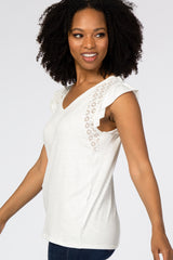 Ivory Lace Inset Ruffle Accent Top