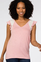 Pink Lace Inset Ruffle Accent Top