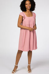 Pink Flutter Sleeve Maternity Dress