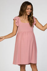 Pink Flutter Sleeve Maternity Dress