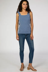 Blue Ribbed Ruffle Strap Tank Top