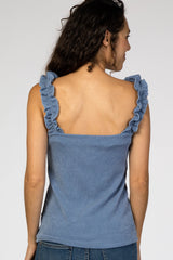 Blue Ribbed Ruffle Strap Tank Top