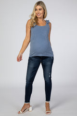 Blue Ribbed Ruffle Strap Maternity Tank Top