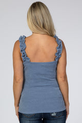 Blue Ribbed Ruffle Strap Maternity Tank Top