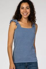 Blue Ribbed Ruffle Strap Maternity Tank Top