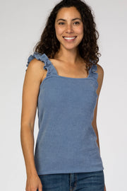 Blue Ribbed Ruffle Strap Tank Top