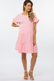 Pink Swiss Dot Tiered Maternity Dress