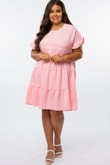 Pink Swiss Dot Ruffle Tiered Maternity Plus Dress