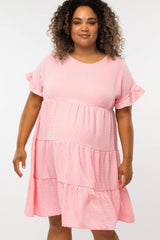 Pink Swiss Dot Ruffle Tiered Maternity Plus Dress