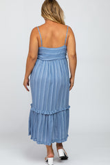 Blue Striped Button Front Plus Maternity Midi Dress