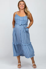 Blue Striped Button Front Plus Maternity Midi Dress