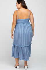 Blue Striped Button Front Plus Midi Dress