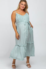 Light Olive Striped Button Front Plus Maternity Dress