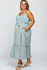 Light Olive Striped Button Front Plus Maternity Dress