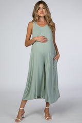 Light Mint Basic Cropped Wide Leg Maternity Jumpsuit