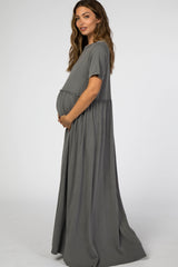 Charcoal Ruffled Waist Maternity Maxi Dress